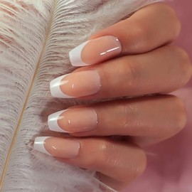 IKISKT French Press on Nails Medium, White Nude Fake Nails Coffin Acrylic False Nails, Artificial Nails for Women and Girls Classic Design Reusable Nail Kit with Nail Glue Adhesive Tabs Nail File