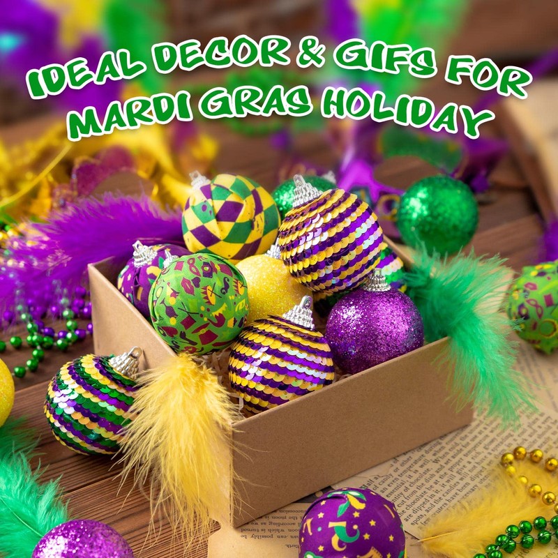 16Pcs Mardi Gras Ball Ornaments, Shatterproof Mardi Gras Decoration Tree