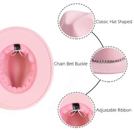 Gossifan Women Men Wide Brim Fedoran Hat with Chain Belt Buckle -Pink