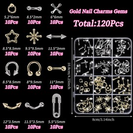 120 Silver Star Nail Charms - Gold Rivets Cross Nail Charms - 3D Crystal Nail Art, Y2k Retro Nail Rrt Cross Charm for DIY Designs Supplies B
