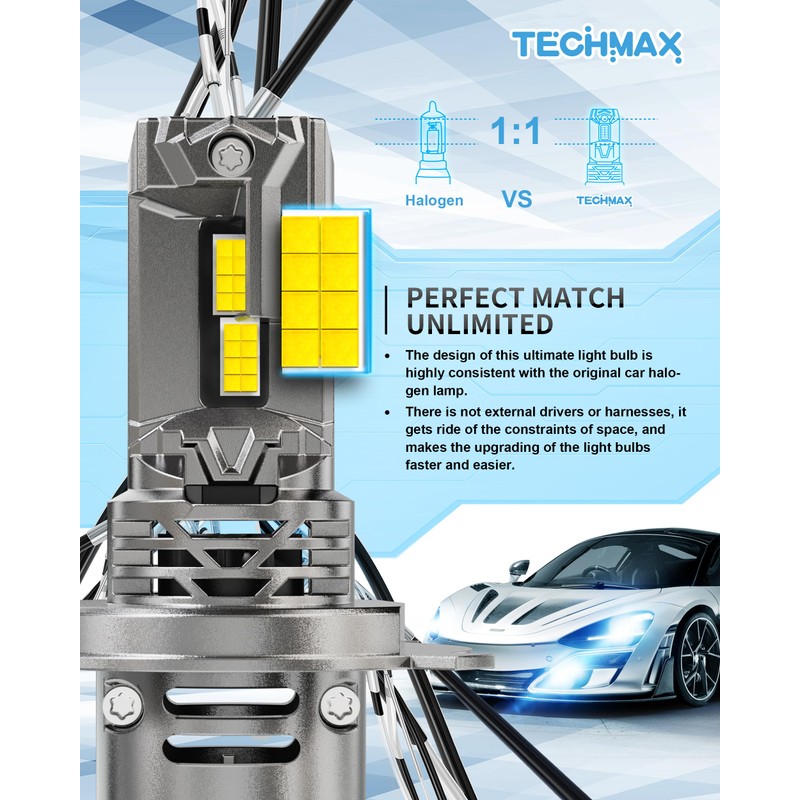 TECHMAX H4 Bulb - 800% Super Brighter, 6500K Xenon White