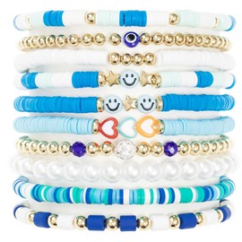 meosked 10pcs Heishi Surfer Clay Bead Friendship Bracelets，Colorful Stackable Preppy Bracelets for Women (10pcs-Blue Gold)