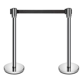 New Star Foodservice | Commercial-Grade Black Stainless Steel Retractable Belt Barriers (Silver Belt)