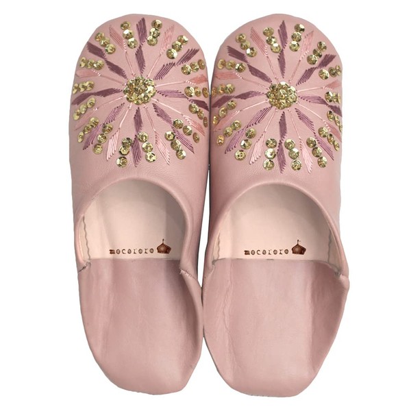 mocororo Moroccan Babouche Luxe Genuine Leather, Embroidered, Sequins, Room Shoes, Slippers, Women's, Rose, 22.5~24.5 cm