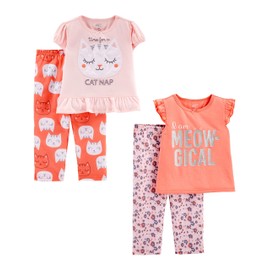 Simple Joys by Carter's Toddler Girls' 4-Piece Fleece Pajama Set (Short-Sleeve Poly Top & Fleece Bottom), Pack of 4, Animal Print/Kitten/Text Print, 4T