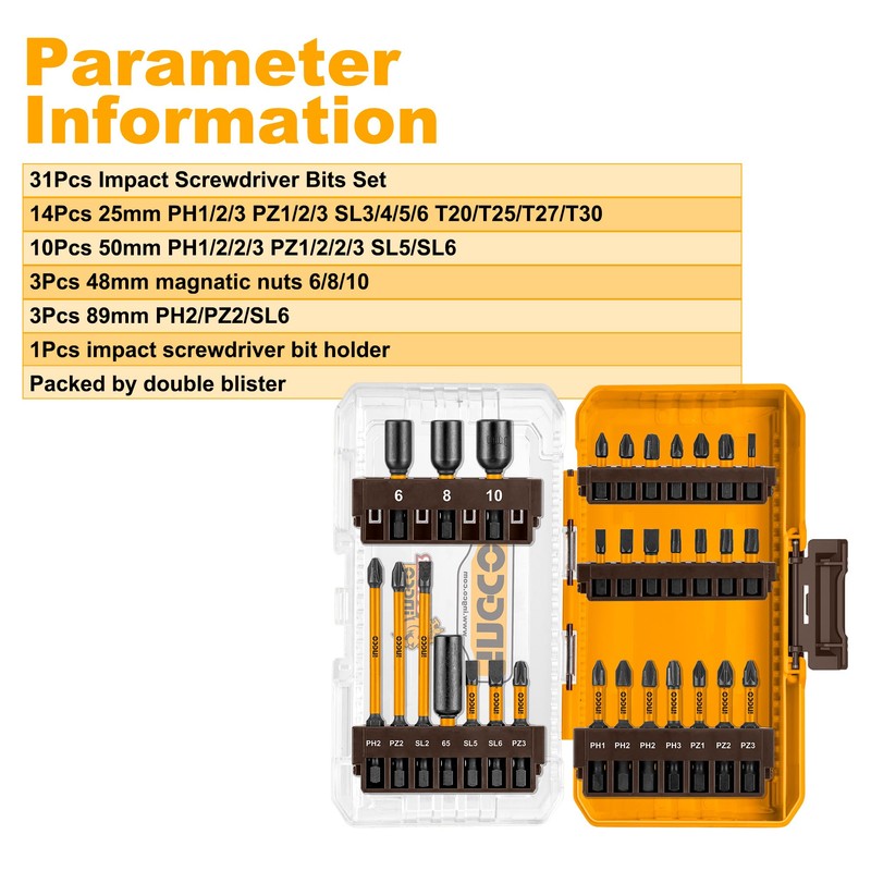 INGCO 31Pcs Impact Screwdriver Bits Set with Holder, S2 Steel