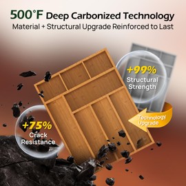 Carbonized Bamboo Kitchen Drawer Organizer, 8 Slots Silverware Organizer, Utensil Holder & Cutlery Tray, 2.2" Deep for Extra Capacity, Non-Slip Feet Included.