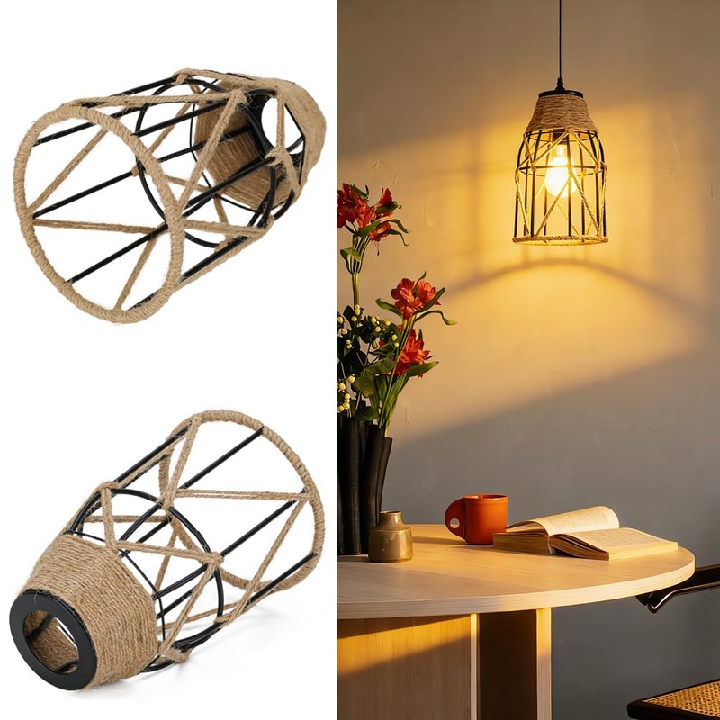3 Pack Industrial Hemp Rope Pendant Lamp Shade, Small Vintage