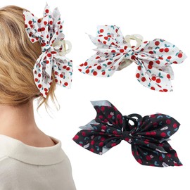 Mesovor 2 Pack Bow Claw Clips Chiffon Cloth Butterfly Hairclips, Nonslip 5.1" Large Paisley Hair clips for Thin and Thick | Plastic Strong Hold Hair Jaw Clamps (Cherry: Black, White)