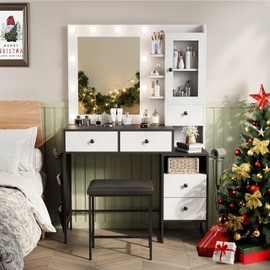 YIKEHOME Makeup Vanity Desk with Mirror and 10 Lights, 3-Colour Hollywood Brighter Bulbs, Vanity Table Set with Large Drawers and and Charging Station for Bedroom Dressing Room White