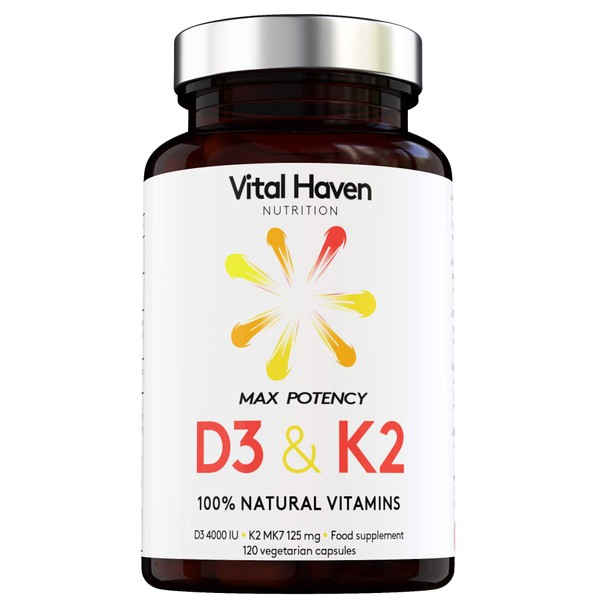 100% Natural - Vitamin D & K (D3 & K2) - Vegetarian - High Strength (D3 4000 IU, K2 mk7 125mcg) - 4-Month Supply - Premium Ingredients - for Stronger Bones and Immune System - Made in The UK