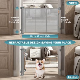 33.5" Strong Retractable Baby Safety Gate/Mesh Dog Gate, Suitable for Indoor and Outdoor Use, Extends to 55" Wide, Gray