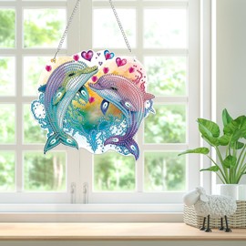Bowetile Dolphin Diamond Art Hanging Kits for Adults with Chain, 5D Special Shape Animals Diamond Paingting Ornaments Kits, Easy Diy Crystal Suncatchers Pendant Gem Art for Home Garden Wall Decor