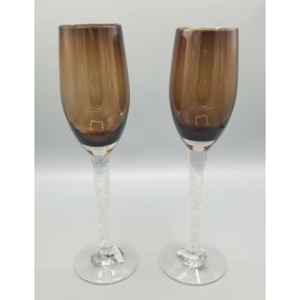 Pier 1 Crackle Glass Brown SET of 2 Champagne Flutes 9 7/8" Tall Mouth Blown