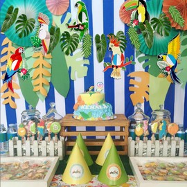 Parrot Honeycomb Palm Leaves Banner Tropical Birds Honeycomb Paper Cutouts Hawaiian Beach Luau Party Hanging Decorations Tiki Bar Accessories