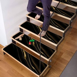 JSDGFYTIER Marble Texture Wall Surface Black Gold Ink Graphic Granite Abstract Stair Treads Carpet Runners Non Slip Self Adhesive Safety 30inx8inx0.3in-13PCS