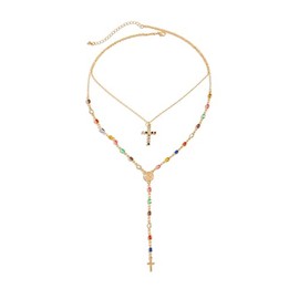 Riymusry 2Pcs/set Colorful Crystal Necklace for Women,Rhinestone Cross Pendant Clavicle Chain Necklace,Summer Long Tassel Crystal Chest Chain Jewelry, Medium, Metal, No Gemstone