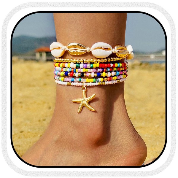 Zoestar Boho Layered Beaded Anklet Gold Starfish Ankle Bracelets Seashell