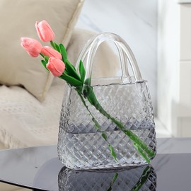 PORPAN Purse Vase, Glass Bag Vase, Glass Purse Vase for Flowers, Black Glass Vase, 12 Inch Large Glass Flower Vase with Embossed Pattern for Wedding, Living Room, Bedroom, Table, Office(Round)