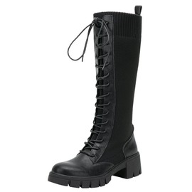 Jeossy Women's 9603 | Knee High Boots | Platform Chunky Heel Boots, Lace Up Knitting Stretch Boot, Black, Size 7(DJY9603 Black 07)