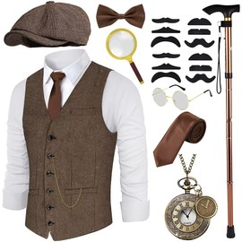 VillbeCoser 1920s Mens Costume, Roaring 20s Costumes Accessories Set Vest Foldable Crutches Fedora Hat Vintage Pocket Watch Bow Tie and Tie Gangster Costume 20s Party Outfits (Brown XL)