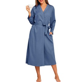 Lovasy Waffle Dressing Gowns for Women UK Cotton Lightweight Spa & Bath Robes for Women Ladies Kimono Dressing Gowns Women's Full-Length Robes with Pockets for Hotel Nursing Pregnancy,Blue,XL