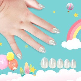 Kawyehu Kids Press on Nails Almond Children Fake Nails Artificial Nail Tips Adhesive Full Cover Short False Fingernails for Girls Kids Nail Decoration (Crystal Diamonds)