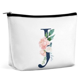 Women PU Leather Cosmetic Bag, Toiletry Storage 6.8x5.9x2.3 in Zipper Pouch Handbag Makeup Case Purse Holder Organizer Print Floral Alphabet Monogrammed Navy Letter J