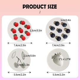 4pcs Strawberry Fondant Mold 3D Fruit Shaped Jelly Molds Blueberry Raspberry Cherry Sugarcraft Gumpaste Silicone Mold for Chocolate Candy Cupcake Topper