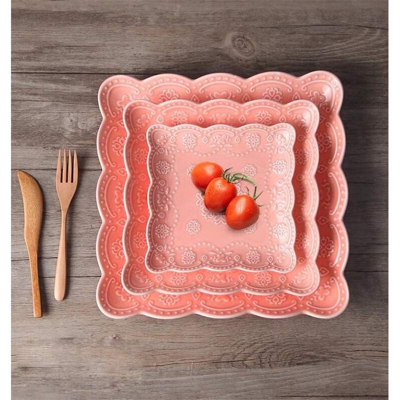 YBK Tech Elegant Square Embossed Lace Plate, Ceramic Serving Plate