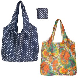 FAVORTALK Fold Away Shopping Bags - 2 Pcs Folding Reusable Nylon Water Resistant Shopper Bags for Women Ladies - Lightweight Strong & Durable Grocery Bags - D8707