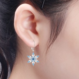 Christmas Snowflake Dangle Earrings for Women Holiday Winter Earrings Sterling Silver Blue Sparkle Cubic Zirconia Xmas Gifts