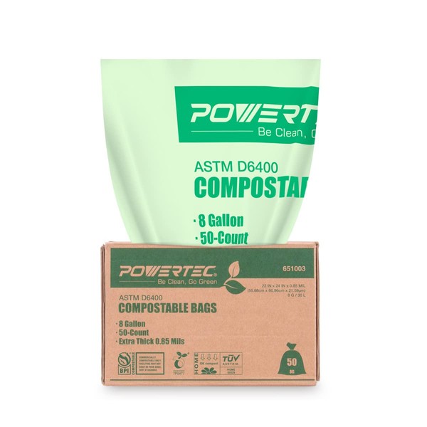 POWERTEC Compostable Bags, 8 Gallon (30 Liter), 50 Count | Extra Thick 0.85 Mil Kitchen Food Scrap Waste Bags, ASTM D6400, US BPI and European OK Compost Home Certified