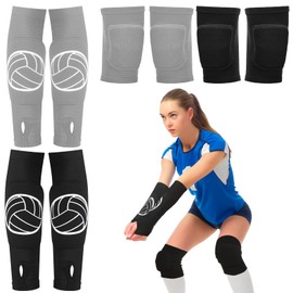 Sosation 2 Set Volleyball Knee Pads and Volleyball Arm Sleeves with Protection Pad Compression Forearm Wrist Guard with Thumb Hole Soft Breathable Pads for Hitting Passing(Black, Gray)