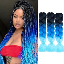 FANCEE Jumbo Braiding Hair Extensions Ombre Blue Crochet Twist Braids Extensions for Women And Girls 24 Inch 3 Tones Soft Pre-Stretched Kanekalon Braiding Hair for Kids