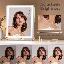 Hasipu Makeup Vanity Mirror with Lights, 12" L x 14" W LED Tabletop Make up Mirror for Desk, Lighting & Brightness Adjustment, 360°Rotation, 10x Magnification
