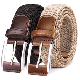BULLIANT Belt for Men 2Pack,Mens Gift Stretch Braided Web Belt Elastic for Casual Golf Jeans,1 3/8"(Black/Beige,30"-34" Waist Adjustable)