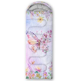 QOOMO Floral Butterfly Printed Camping Sleeping Bags,3 Season Warm & Cool Weather,Lightweight,Waterproof Sleeping Bags for Adults & Kids,Traveling,and Outdoors,Camping Gear Equipment,31x90inch
