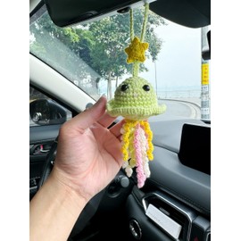 Bunny Crochet American Flag Car Rear View Mirror Holder, Cute Car Hanging Ornament, Independence Day Gift, Crochet Lovely Ornament, Automotive Interior Decorations (Green Jellyfish)