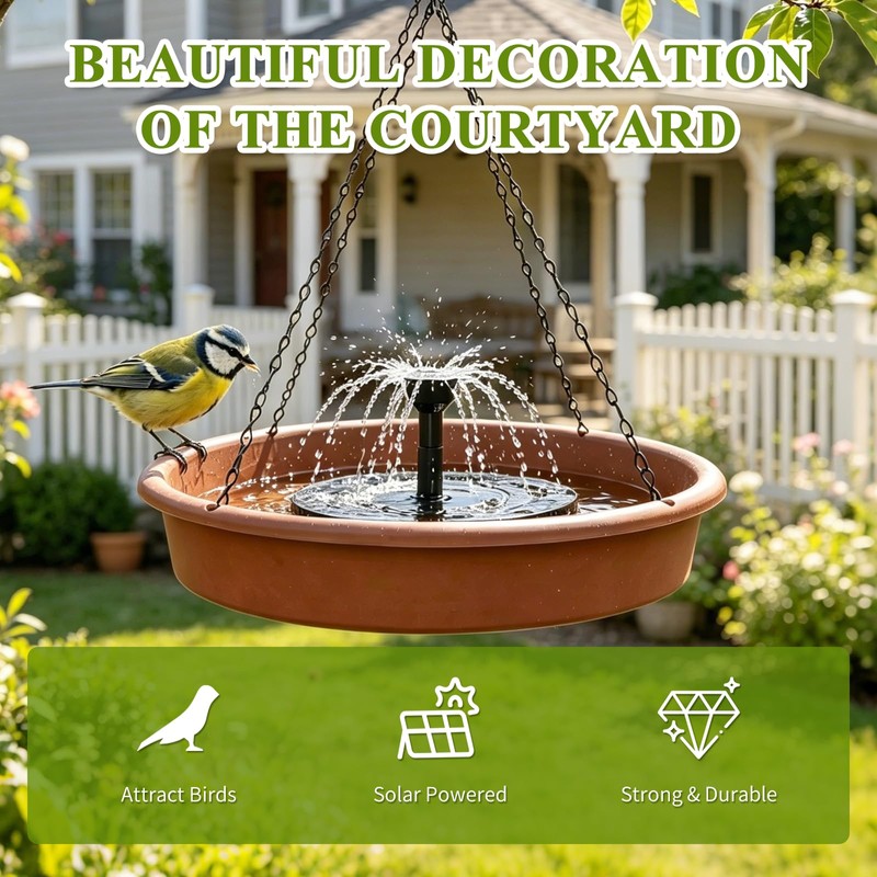 12 Inch Hanging Solar Bird Bath Fountain, Brown Outdoor Garden