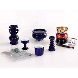 Buddhist Altar Set, Lapis Color, Plain, Luri Pottery, 5 Piece + Orin Set, Incense Burner Ash and Match, For Modern Mini Buddhist Altars