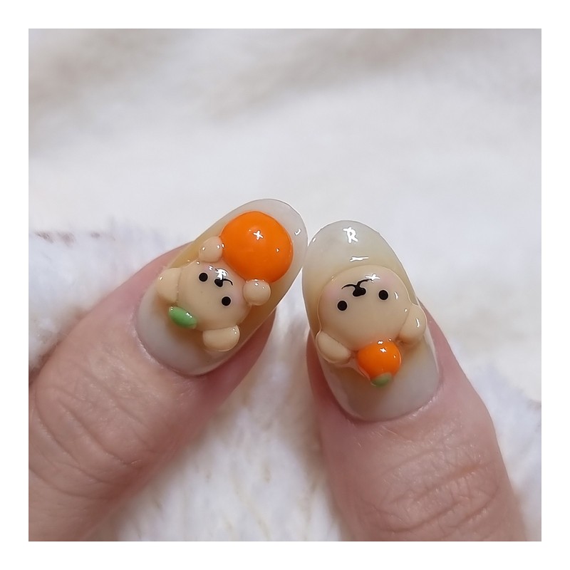 Tangerine bear handmade nail tip - short ballerina / 귤