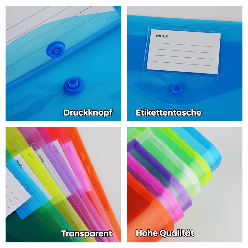 12 Pack A4 Punched Pockets, Colorful Plastic Wallets with 3