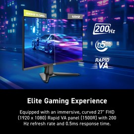 MSI MAG 276CF E20 27-inch 1920 x 1080 (FHD) Gaming Monitor, 200Hz, Adaptive-Synch, HDMI, DisplayPort, VESA Mountable, Tilt, Height Adjustable, Speaker, 0.5ms, Black