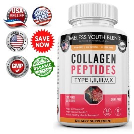 Timeless Youth Blend 6 Collagen Peptides Types I, II, III, V, X 1500mg Pills Anti-Aging Skin Capsules