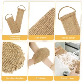 Ptwola Estropajo de espalda y guante exfoliante con mango de esponja de cáñamo natural, cepillo de limpieza profunda duradero para el cuerpo y la piel, accesorios de baño para hombre y mujer
