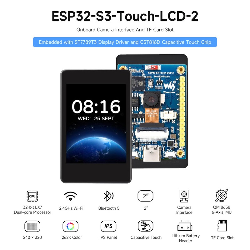 Waveshare ESP32-S3 2 Inch Capacitive Touch Display Development Board, 240
