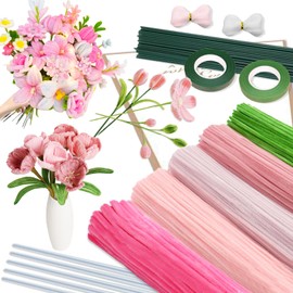 544 Pcs Pink Pipe Cleaners Kit for Craft, 500 Pcs 5 Colors Chenille Stems with 10 Wrapping Paper 30 Floral Stems 2 Floral Tapes 2 Gift Ribbons, DIY Pipe Cleaner Flowers for Decoration/Gift Bouquet