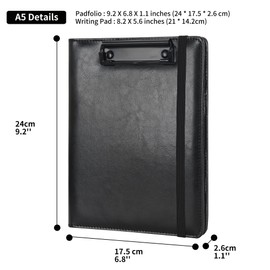 Wonderpool A5 Faux Leather Clipboard Partfolio Recipe Binder Notepad Forms Holders Document Case - Interview Planner Meeting Writing Padfolio File for Office Travel School Hotel Restaurant (A5,Black)
