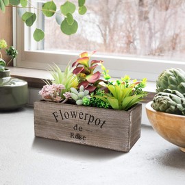 Hopewood Artificial Succulent Plants Arrangement in Wooden Planter, Fake Succulents Plants in Rustic Wood Box, Faux Succulent in Rectangular Pot, Centerpiece, Home Office Shelf Indoor Decor Plants